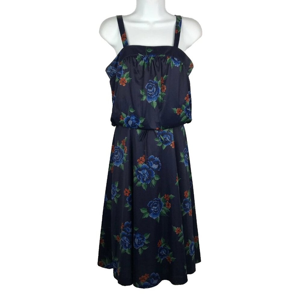Vintage 70s Contempo Casuals Blouson Disco Dress Size S Blue Floral Polyester